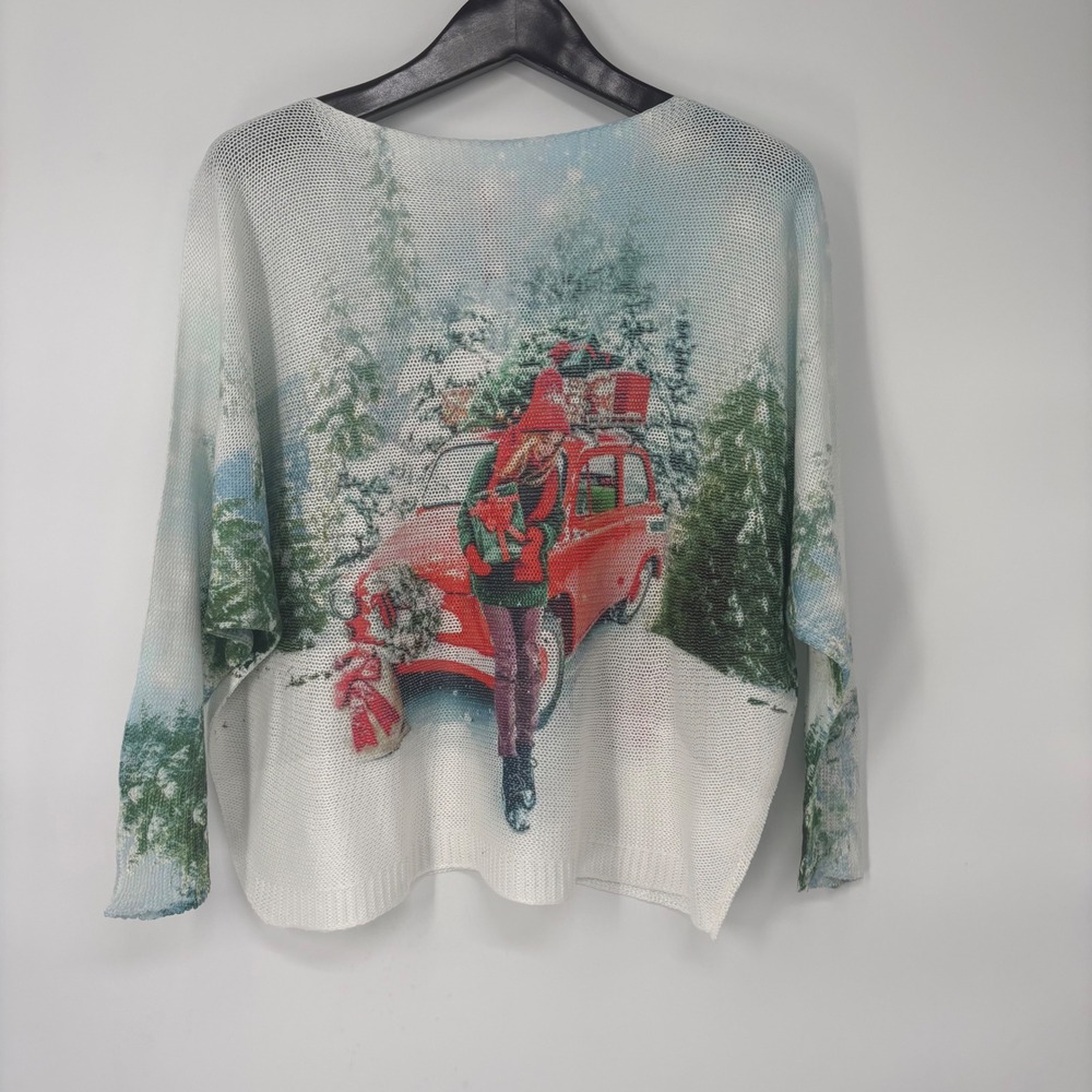 Yolly Italy‎ Red Truck Christmas Sweater Women White Open Knit Holiday Top NEW